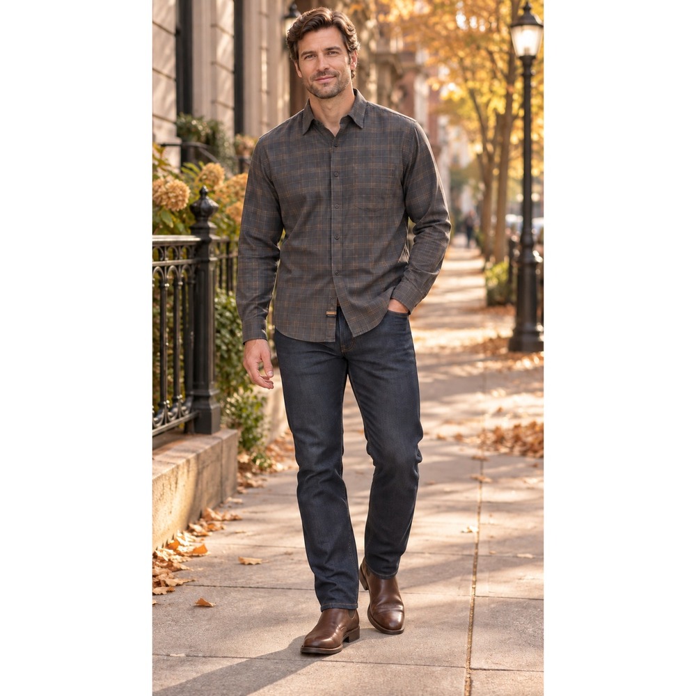 Robert Talbott Mens Large Charcoal Windowpane Plaid Button Shirt office luxury